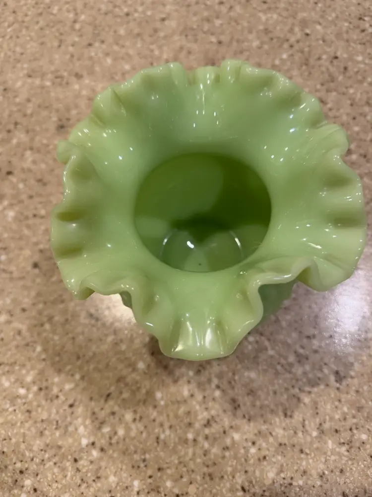 Fenton Hobnail Double Crimped Vase Bowl Apple Green Cased Overlay Uranium Glows