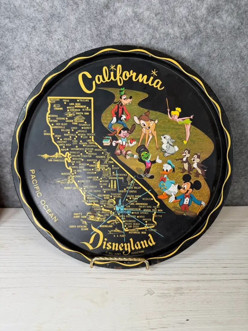 Vintage California Disneyland Metal Souvenir Tray β Walt Disney Productions β Character Map