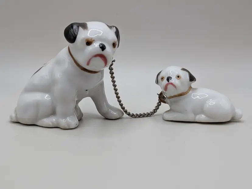 Vintage Made in Japan Chained Dog Mom and Single Pup Black White
