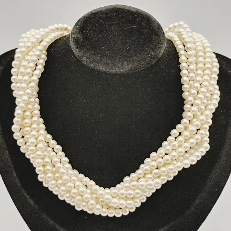 Vtg Faux Pearl Bead Eight 8 Strand Twisted Silver-tone Necklace Japan Short 15"