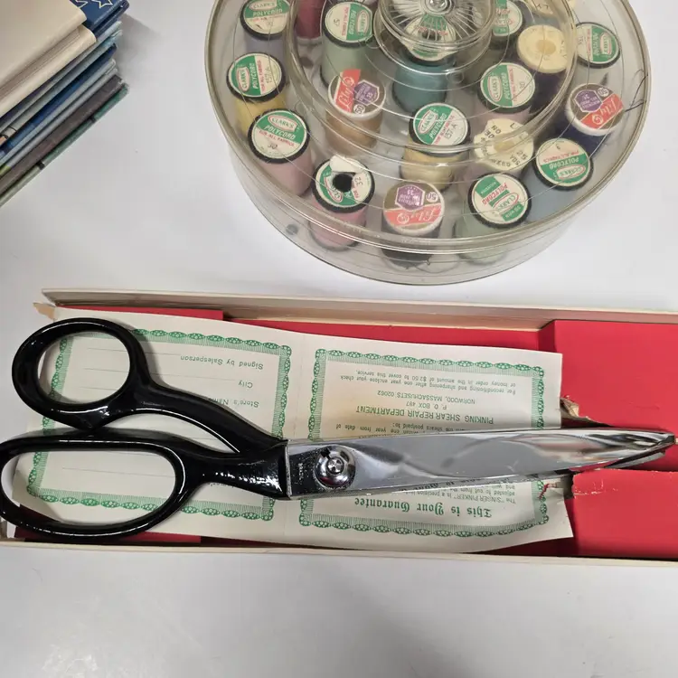 Colorful Vintage Clear Plastic Sewing Kit With Spools  & Singer Pinking Sheers
