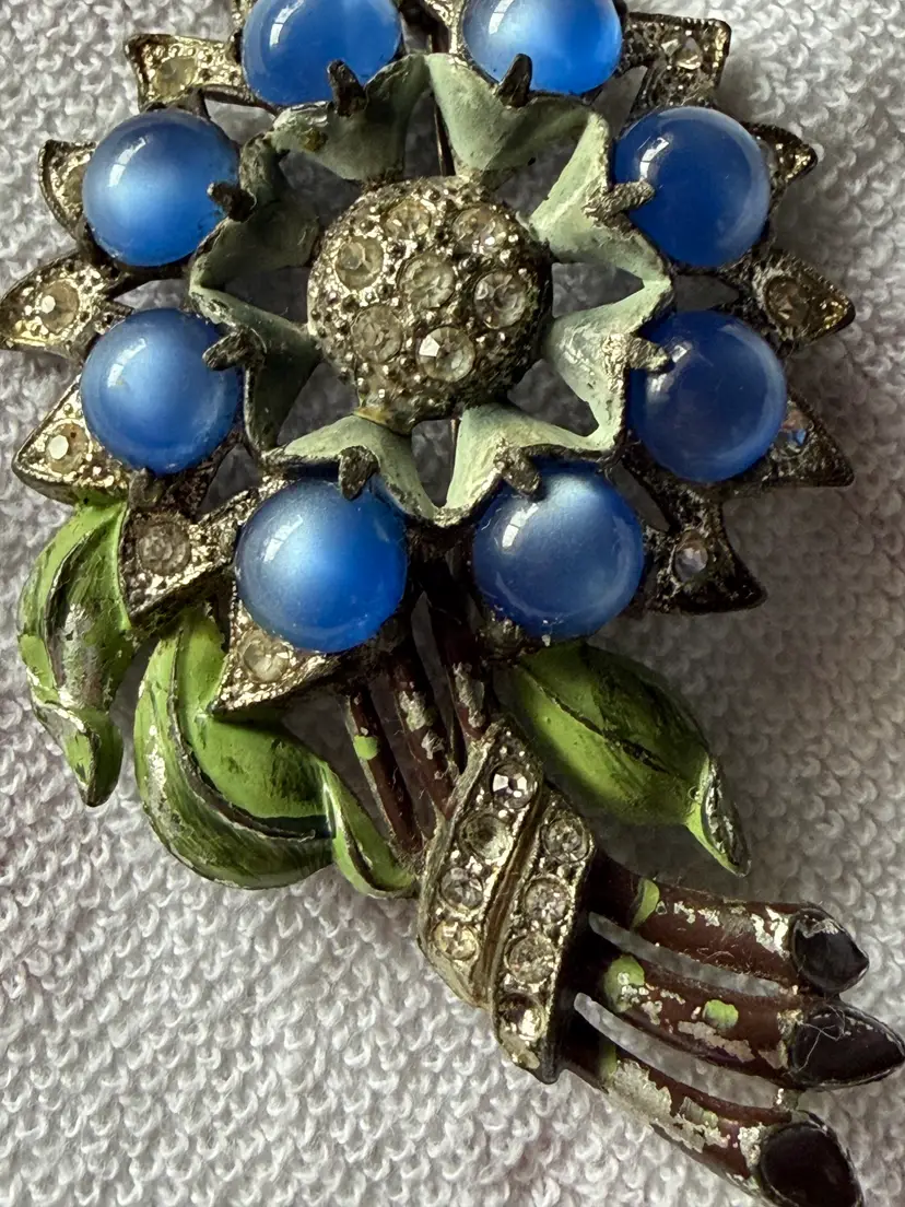 Gorgeous Depression Era Blue Lucite Moonstone & Blue Rhinestone Floral Brooch