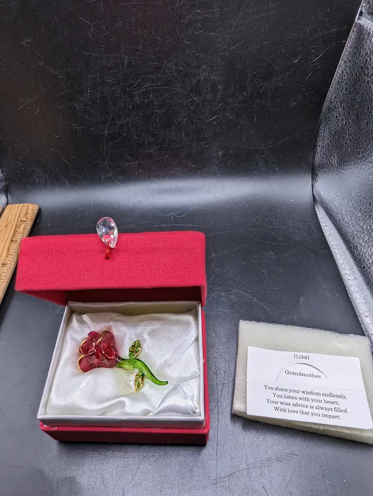 Vintage Miniature Glass Little Red Rose With Gold Accents in a Red Presentation Box Grandmother