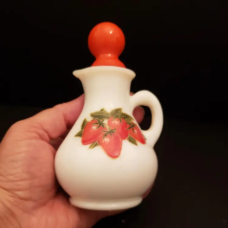 Avon Strawberries Cream Glass Pitcher Bottle w/ Stopper Red White Vintage Retro