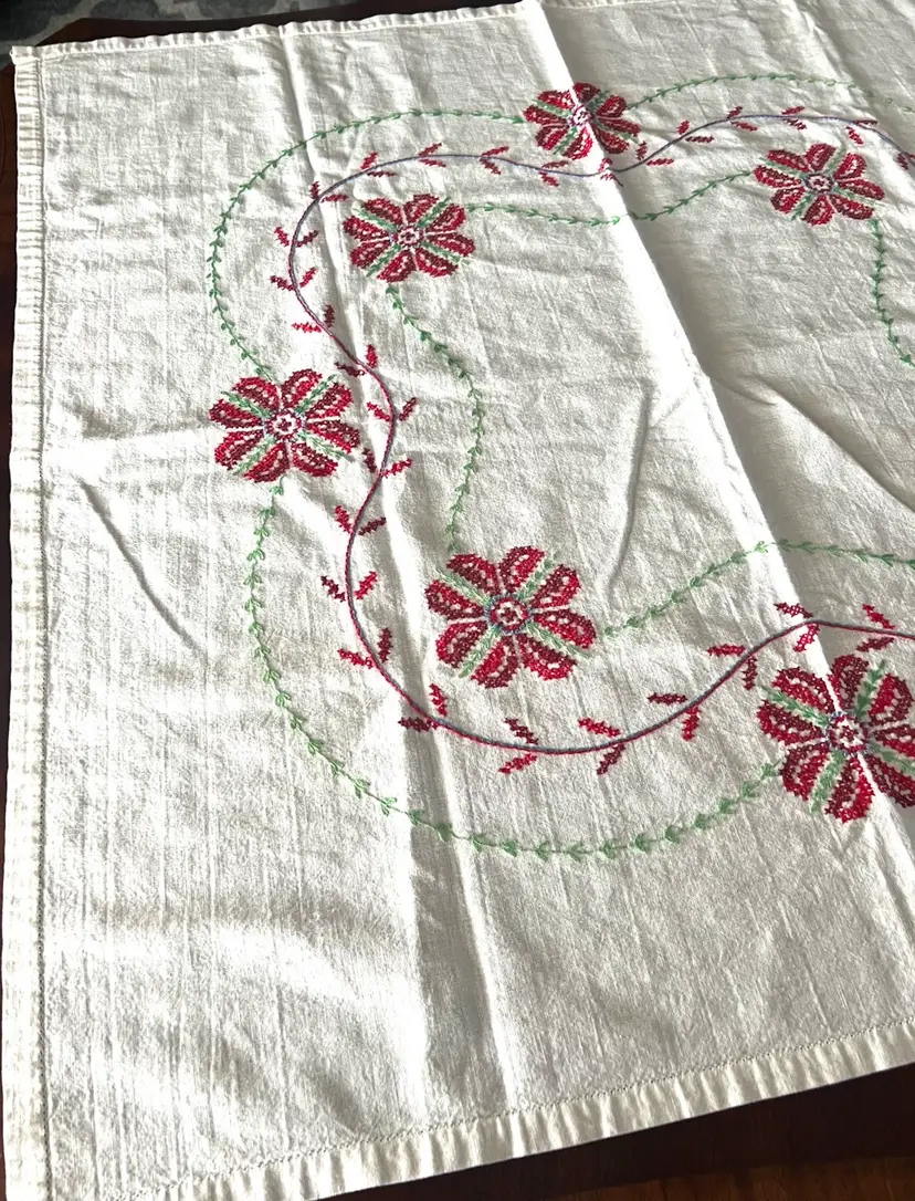Vintage Red Green and White Embroidery Tablecover, Size 36 by 38 Inch Rectangle, Red Green Embroidery on White Background,