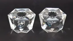 Vintage Faceted Glass Clear Diamond Shape Taper Candle Holders 2" Tall