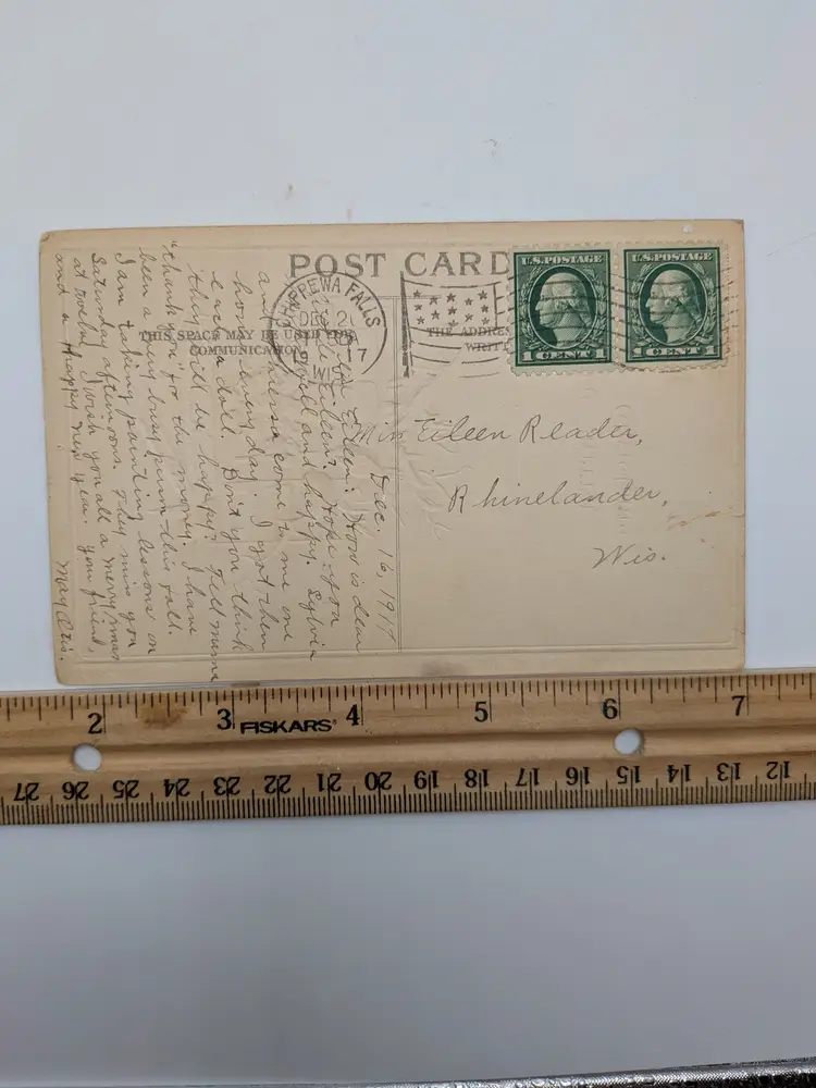 E83. Antique Postcard DOUBLE GREEN 1¢ STAMPS POSTMARKED 1917 A MERRY CHRISTMAS BIRDS