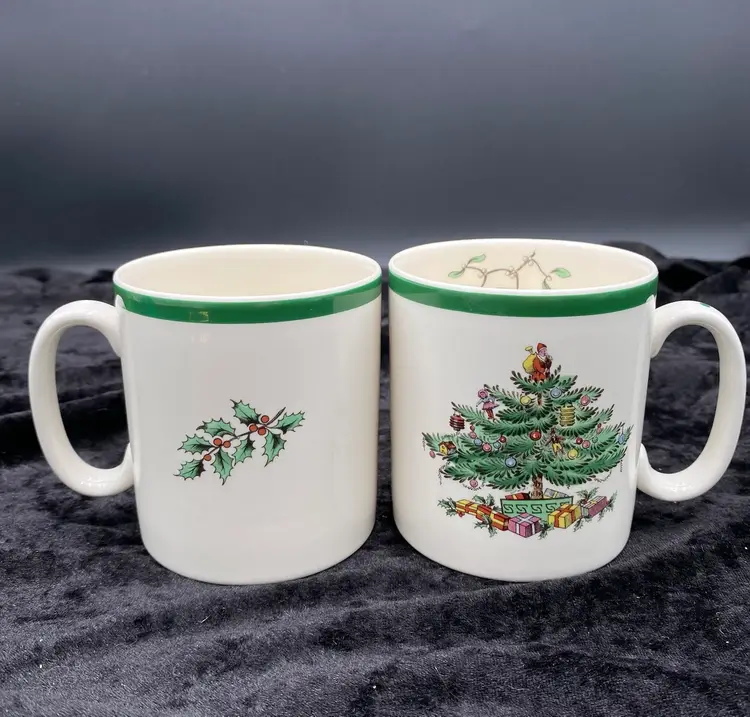 2 - Vintage ('93) Spode Christmas Tree Mugs, Made in England, 9 oz., Tom & Jerry