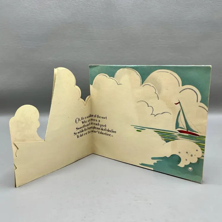 Vintage Valentine Die Cut Greeting Card Sailor Boy Girl Boat Scotty Dog Ocean USA Carrington Co Scottish Terrier Dog Sailboat