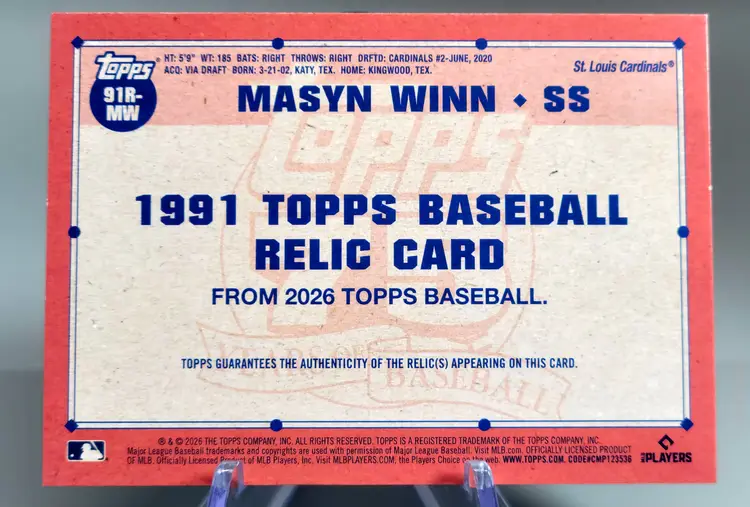 Masyn Winn 2026 Topps Series 1 1991 Baseball Relic Card #91R-MW Cardinals