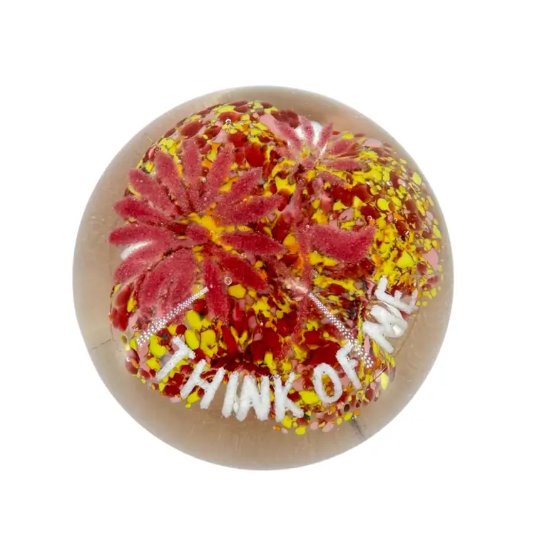 Antique Think Of Me Pink & Yellow Glass Paperweight