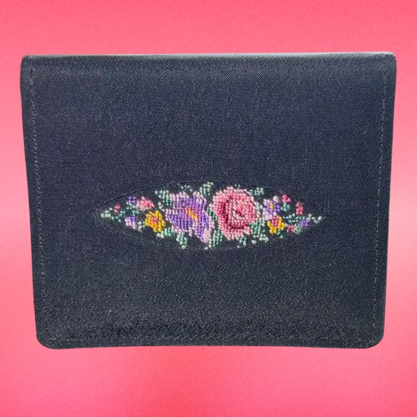 Vintage Small Embroidered Petit Point Folding Photo Wallet 3X4 Black Pebbled Leather Germany