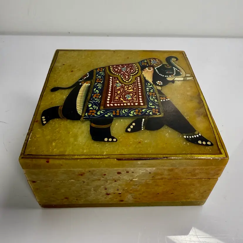 Soft Stone Hand Painted Hinged Lid Square Box  Elephant Painting 3 x 3”