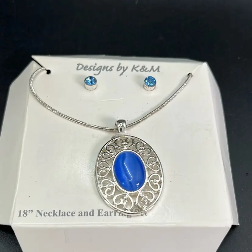 New K&M Blue Moonstone Necklace, And Earrings Set