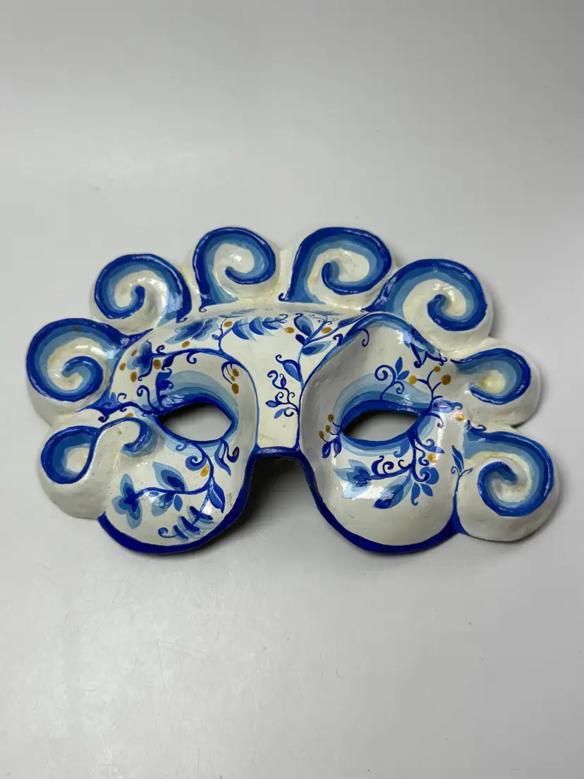 Vintage Venetian Carnival Paper Maché Blue & White Hand Painted Mask Italy