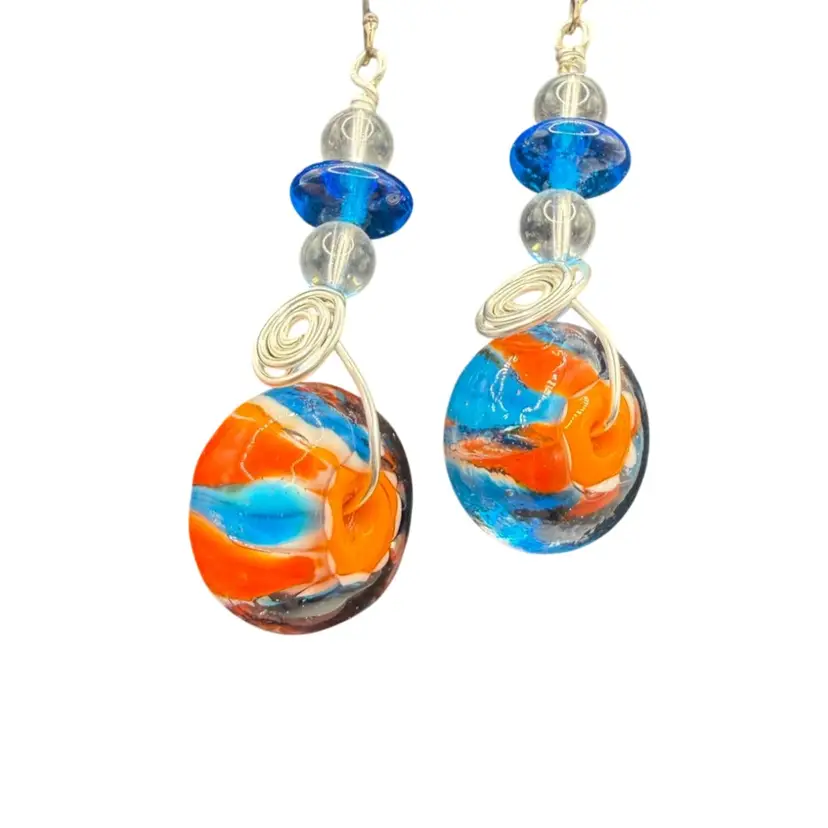 Sterling Silver Artisan Glass Drop Pierced Earring - Orange Blue Spinner Ball
