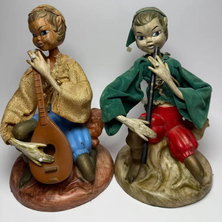 Pair Vintage MCM 9" Pixie Elf Nymphs Musician Figurines Dolls Hollywood Regency