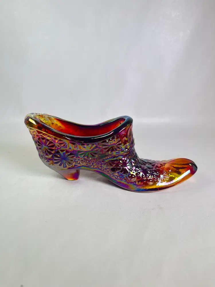 Smith Glass Company Daisy & Button Carnival Glass Amberina Shoe