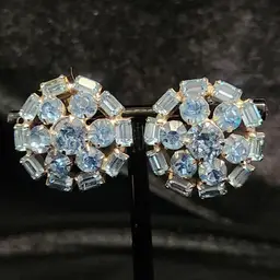 Blue Faceted Crystal Clip On Earrings 1940s Round Cluster Vintage Prong Setting Costume Jewelry + Gift Box