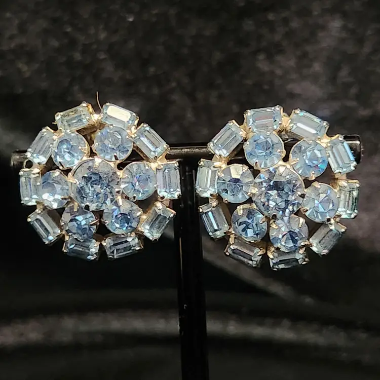 Blue Faceted Crystal Clip On Earrings 1940s Round Cluster Vintage Prong Setting Costume Jewelry + Gift Box
