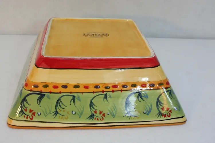 Corsica esmerelda blue yellow red floral LG 12" square serving bowl hand painted