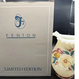 Fenton Limited Edition Hand Painted Golden Pine Cones Christmas Ruffled Ivory Glass Pitcher Vase 6.75” - Signed, Numbered, Original Box!