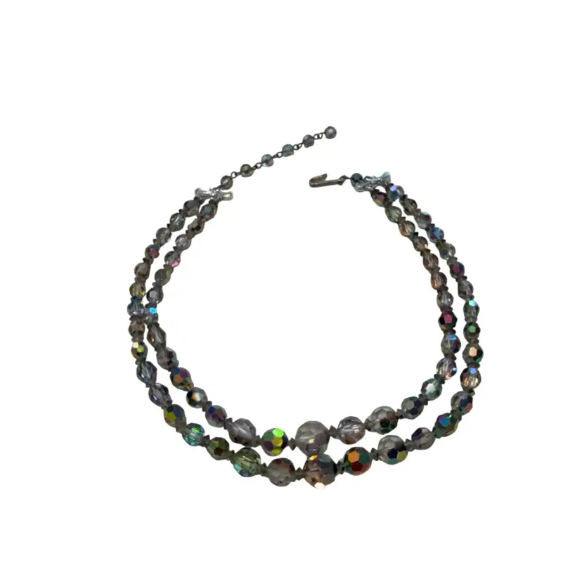 Vintage MCM Oil Slick Aurora Borealis Faceted AB Crystal 16” Double Strand Necklace