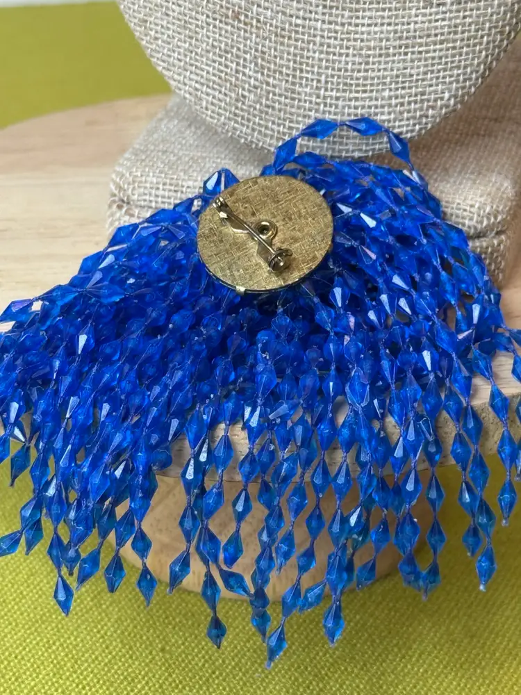 Vintage Blue Plastic Pom Pom Brooch Cascade Waterfall Fashion Jewelry Retro
