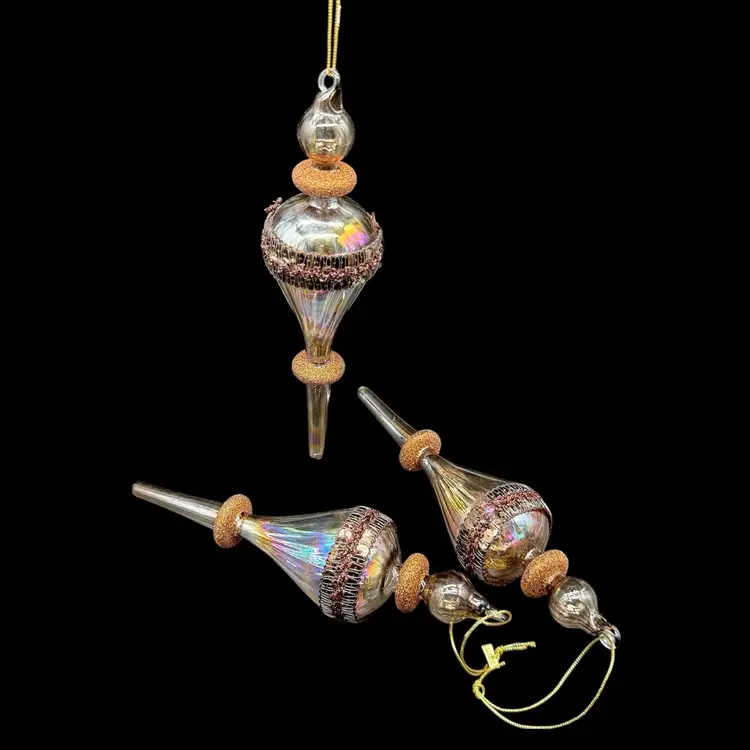 Vintage Blown Glass Long Finial Ornaments Set 3 Iridescent Brown Glitter 9.5”