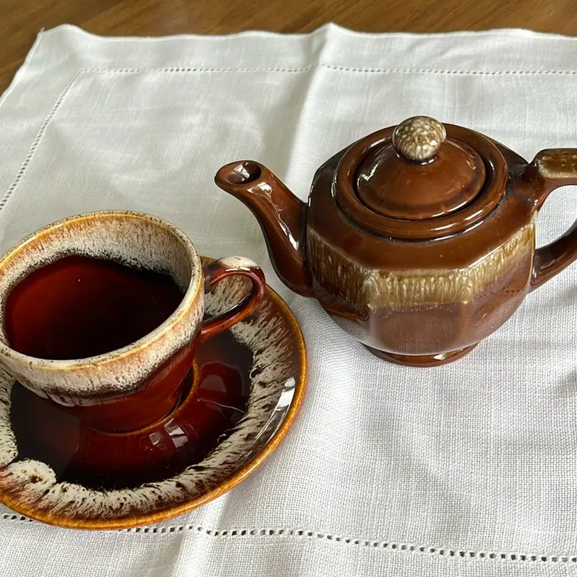 Vintage Brown Drip Glaze Teapot And Cup