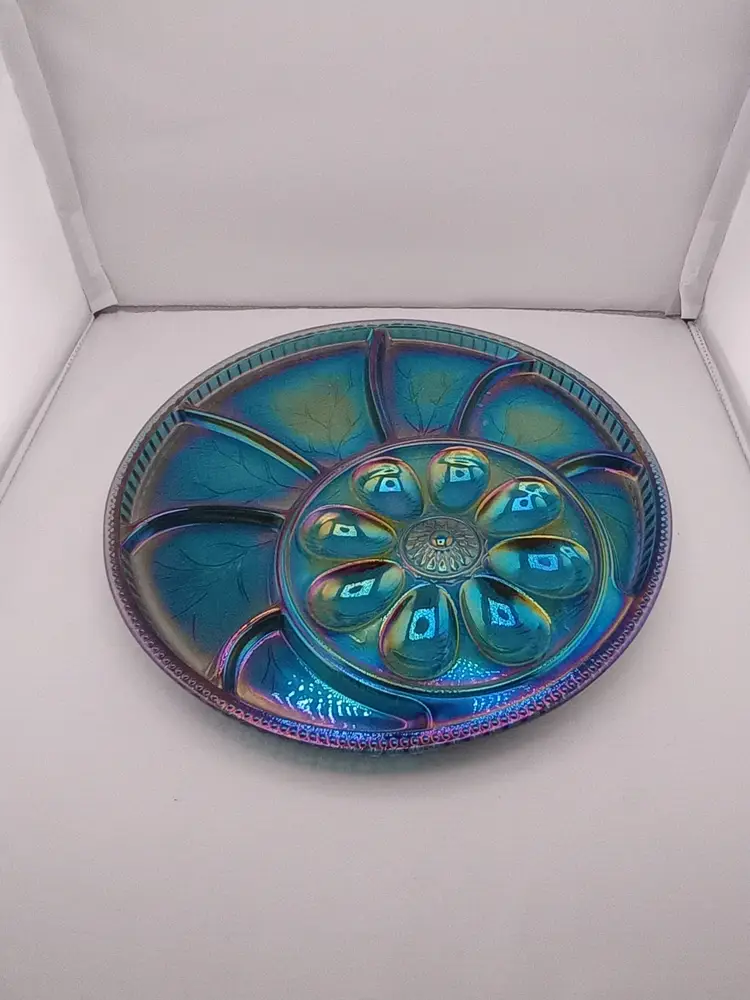 Blue carnival Indiana Glass deviled egg and relish plate