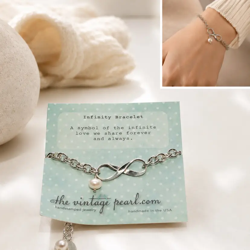 The Vintage freshwater Pearl Bracelet Womens Silver Infinity Charm cute gift