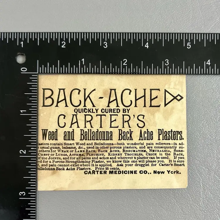 Victorian Trade Card Carter Medicine Co New York Weed & Belladonna My Poor Back 3x2.75"