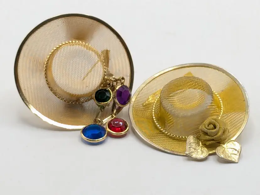 Pair Hat Brooch Pin Set with Gem Accents Gold Tone Mesh