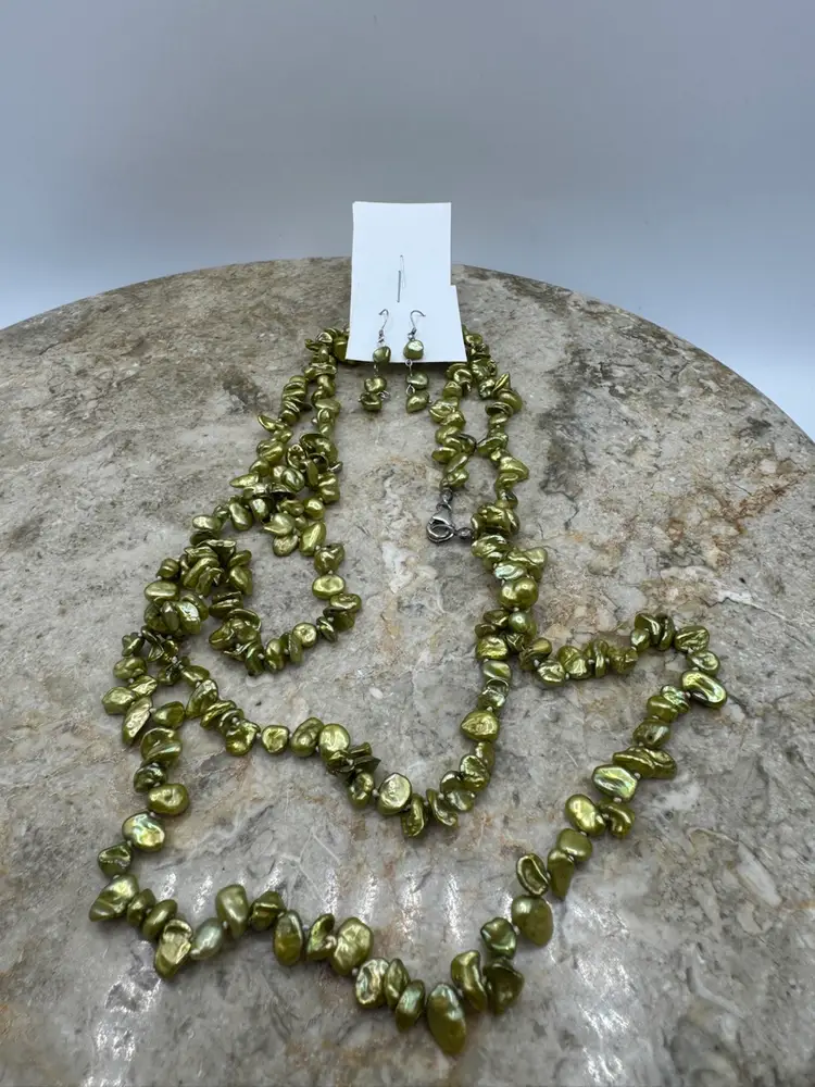 Keshi Pistachio Pearl necklace & Matching Earrings with 925 Sterling Silver clasp & Earrings