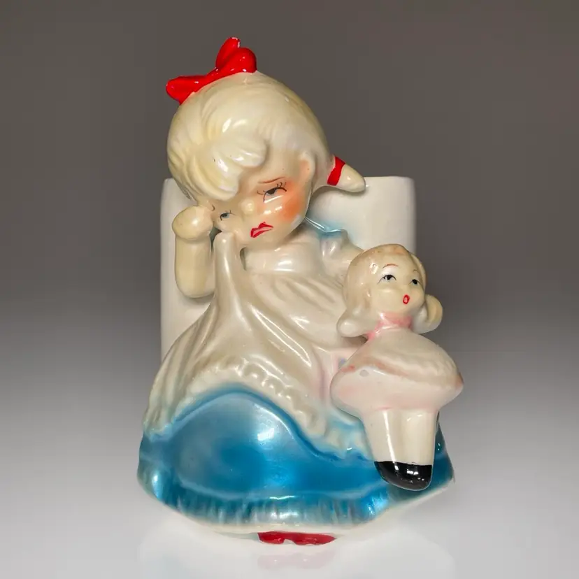 Norcrest Japan Crying Little Girl with Dolly Ceramic Planter Pen Holder Vintage Kitsch 5"