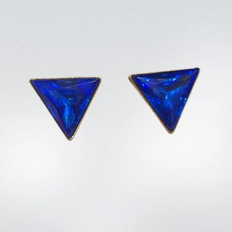 Triangle Gold Tone Pierced Earrings With Blue Stone