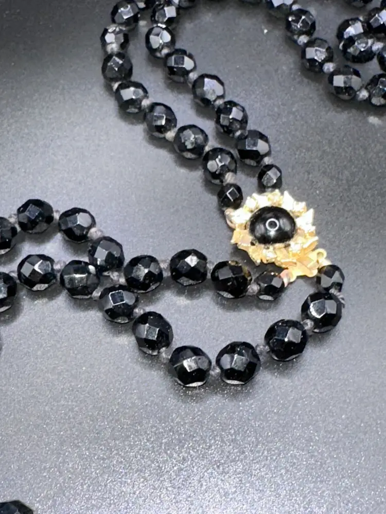 Vintage Black Faceted Glass Bead Necklace with Ornate Gold-Tone Clasp – 30”