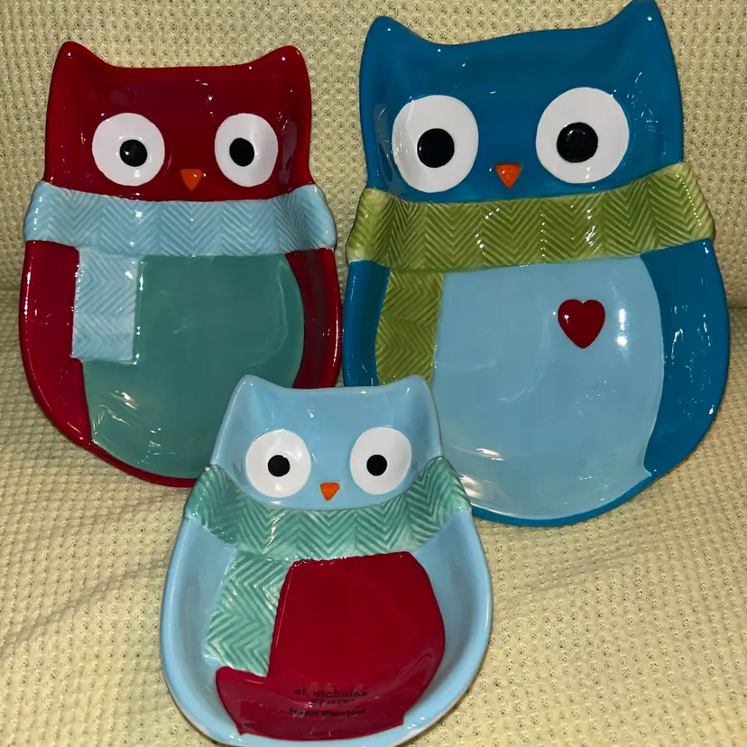 Set Of 3 St. Nicholas Square Ceramic Owl Holiday Bowls Handpainted