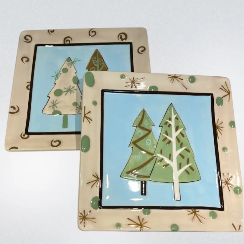 Pair(2) of Neutral Tone- Christmas Tree Plates- Differing Designs- MWW Market-  8.25” Square- Appetizer/dessert- Serving Plates