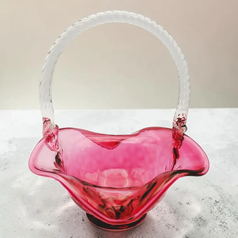 Pilgrim Cranberry Optic Ruffled Glass Basket With Clear Twisted Swirl Handle Vtg