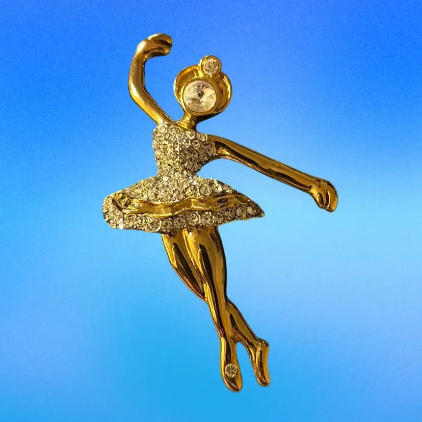 Gold Tone Dancing Ballerina With Pave Rhinestones 3”L