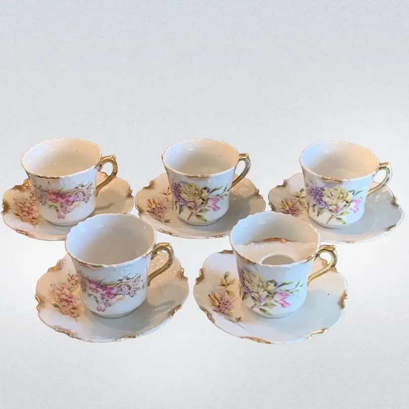 Lot Of 5 Antique Wheelock Germany Ornate Teacups & Saucers Floral Rare