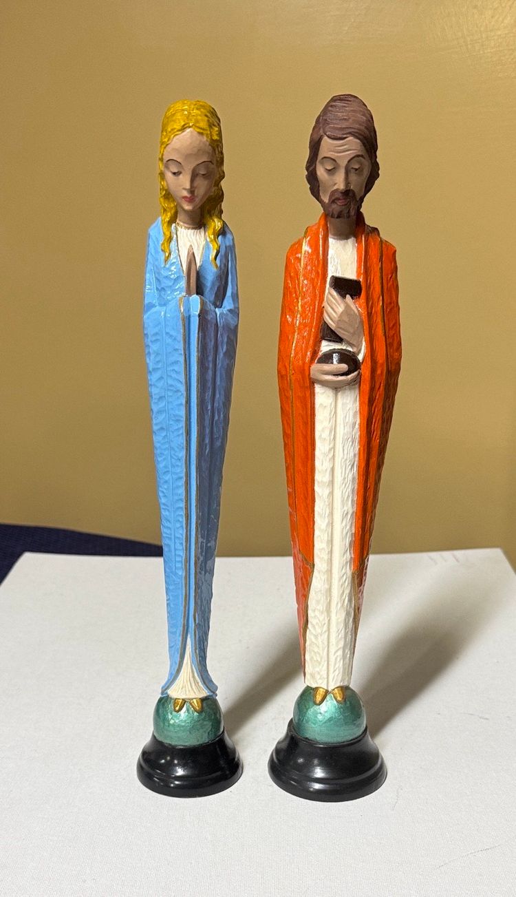Wood hand carved in Italy praying man and woman Goldscheider hand painted 13”