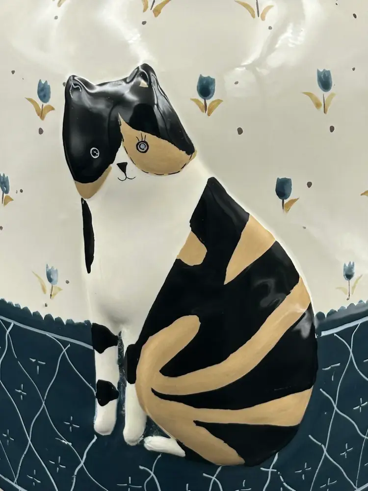 Vintage Warren Kimble  Waste Can/Jug Calico And Fat Tuxedo Cat With Tulips Bath/Kitchen Decor