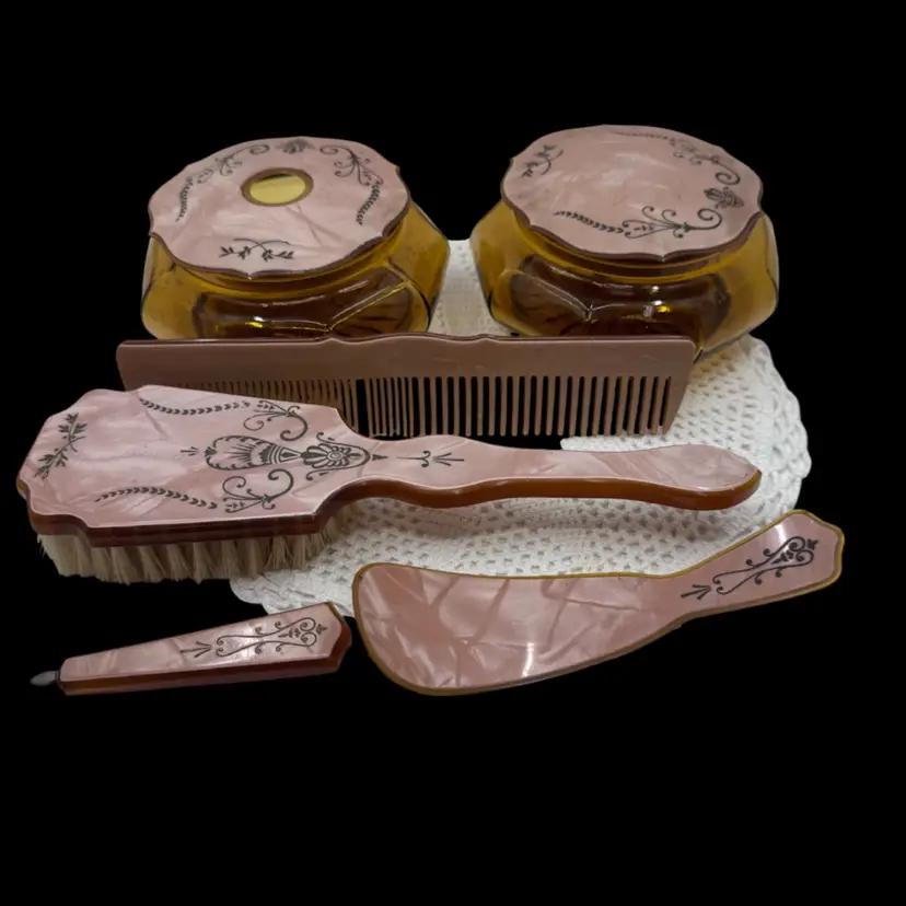 Vintage Art Deco celluloid and glass vanity set with decorative motifs. Circa 1920-30s, One Call Out- One Comb Tooth Missing