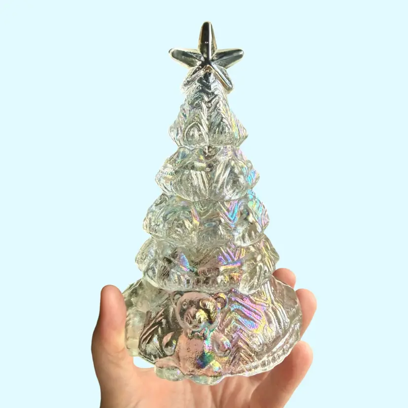 Vintage Iridescent Clear Carnival Glass CHRISTMAS TREE w/ Presents, Teddy Bear