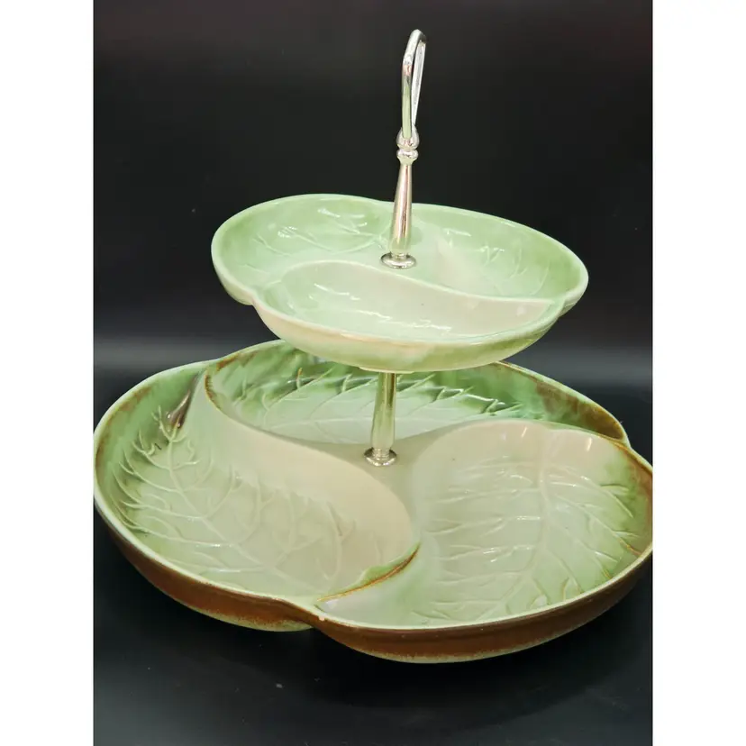 Vtg Royal Haeger Two Tiered Cabbage Leaf Tidbit Dish #850 H 849