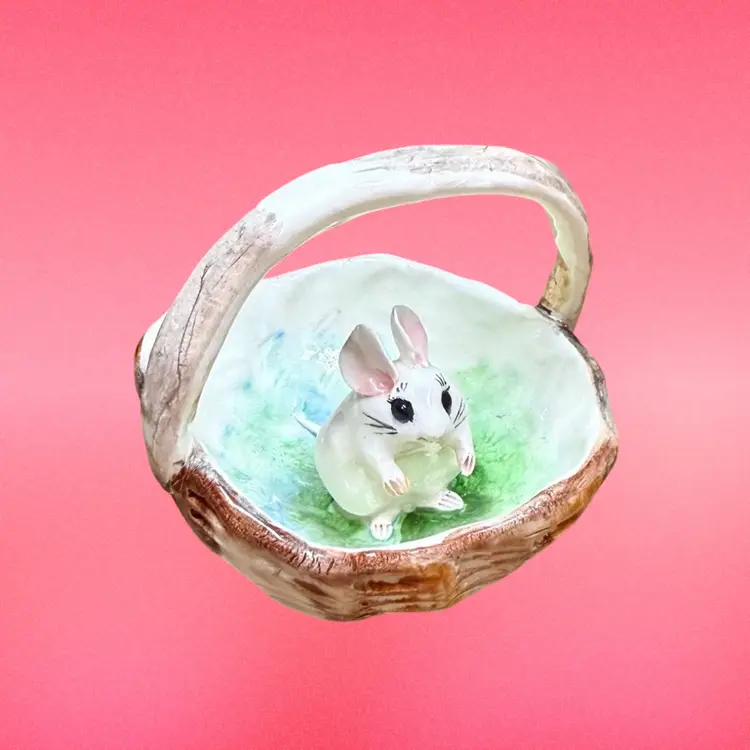 Signed Molla Ceramic Mouse In Basket, Canada Studio Pottery