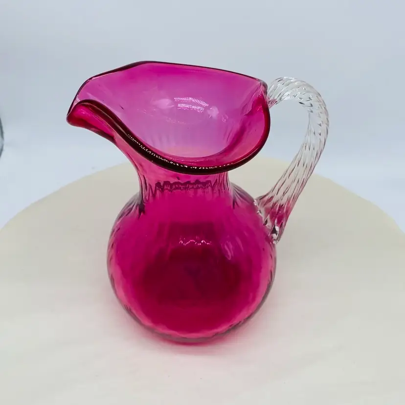 #0423 Cranberry Jug With Clear Twisted Applied Handle